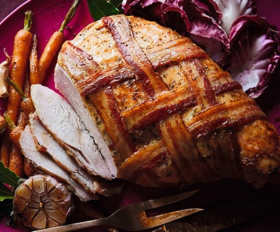 Butter Basted Turkey Breast in a Smoked Bacon Lattice