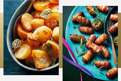 Image of roast potatoes & pigs in balnkets