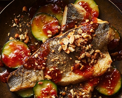 Ping Coombes' Lunar New Year sea bass with sweet and sour cucumber and peanut brittle