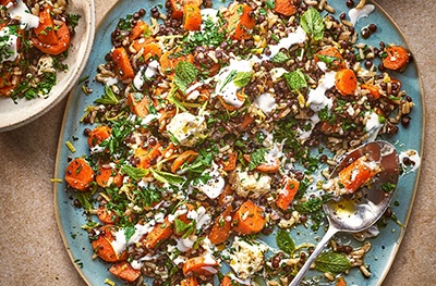 Spiced carrot, feta, rice & lentil salad