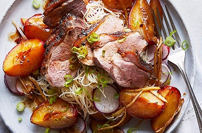 Duck with roasted plums & noodles