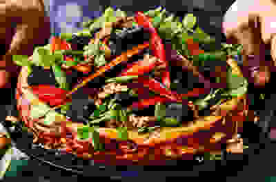 Savoury cheesecake with glazed British veg