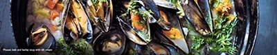 Image of Mussel, leek and barley soup with dill cream