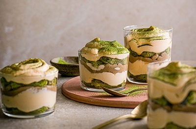Individual matcha green tea tiramisu with chestnut cream