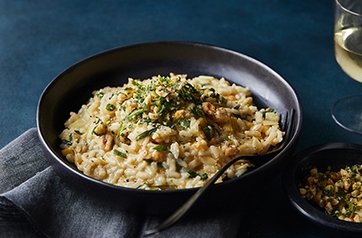 Leek risotto with tarragon & toasted hazelnuts