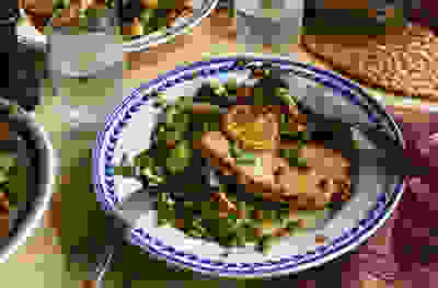 Lemon & caper turkey piccata with courgette and lentils