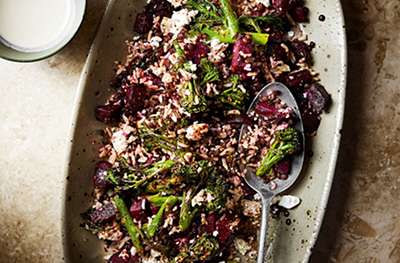Lentil & brown rice salad with zaatar, sumac, beets, broccoli and feta