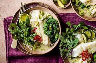 Lime coriander & coconut cod with rice noodles