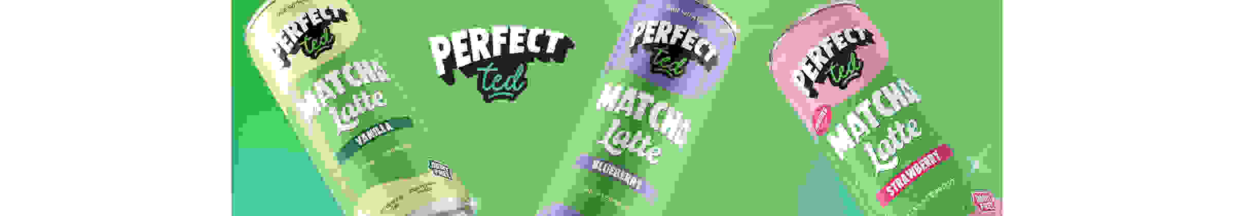 Three chilled cans of PerfectTed Matcha Latte in Vanilla, Blueberry, and Strawberry flavors, angled against a vibrant green background featuring the PerfectTed logo.