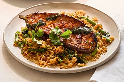 Madras aubergine with rice