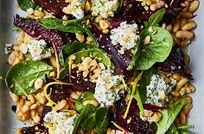 Marmalade-roasted beetroot with herby goat’s cheese and beans 