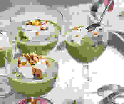 Matcha tofu pudding with black sesame brittle