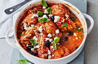 Mediterranean chicken with black olives, tomatoes, feta and basil