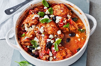 Mediterranean chicken with black olives, tomatoes, feta and basil