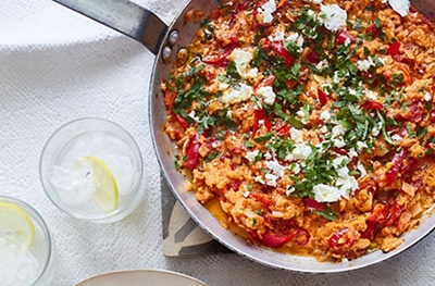 Menemen (Turkish-style omelette) with pepper and feta