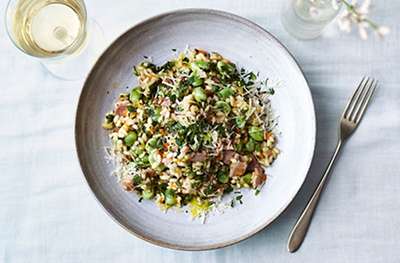 Mint, broad bean & bacon risotto