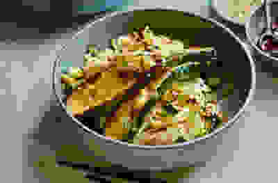 Miso-glazed courgettes with sesame chilli butter noodles 