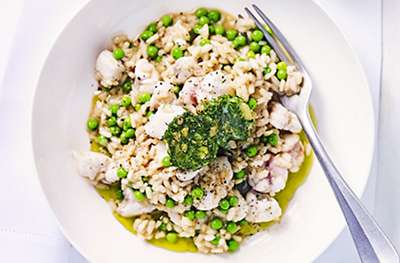 Monkfish risotto with dill & caper butter