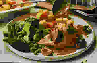 Mushroom & mascarpone chicken with garlicky mixed vegetables