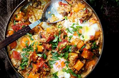 Mushroom & butternut dhal with poached eggs