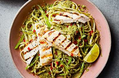Noodles with Thai basil, lime, coconut & griddled chicken