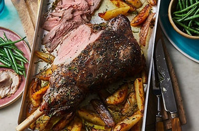 One-tin roast leg of lamb with herbs & potatoes