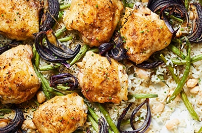 One-tray chicken with herby cannellini beans