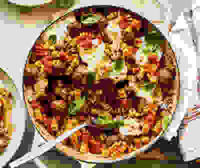 Spicy meatball & bucati pasta bake