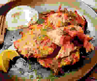 Oven-baked latkes with hot-smoked trout