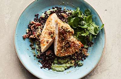 Pancetta-topped chicken with lentils and watercress sauce