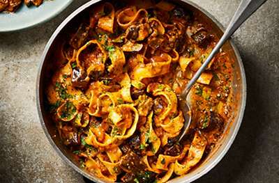 Pappardelle with devilled tomato & aubergine sauce 
