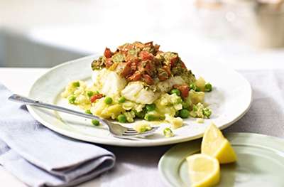 Pesto-baked cod with potato & pea crush