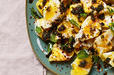 Pineapple with coconut & chilli mint drizzle
