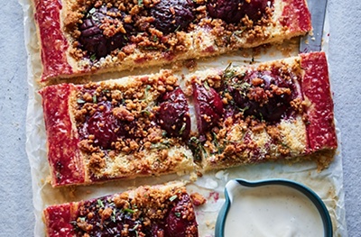 Plum & tarragon puff tart with a ginger nut crumble