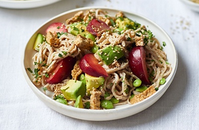 Plum & noodle salad with miso-tahini dressing