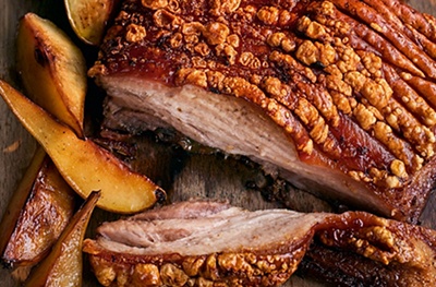 Fennel-dusted pork belly with perry & pears