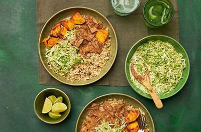 Pork pibil rice bowls with pickled jalapeño slaw