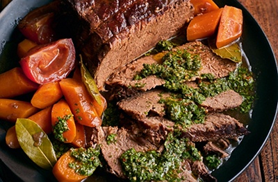 Pot-roast topside of beef with chimichurri