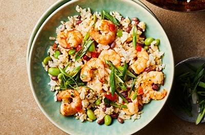 Prawn & edamame rice with salad onions and soy