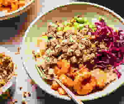 Prawn poke bowl with dragon fruit salsa