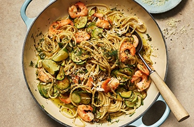 Prawn spaghetti with courgettes, lime & chilli
