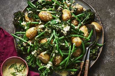 Purple sprouting broccoli, green beans & new potatoes with tarragon cream