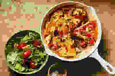 Quick veg frittata with feta, olives & salad 