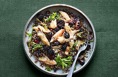 Quinoa, black bean & blackberry salad with smoked mackerel