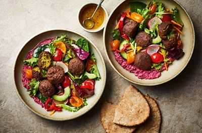 Rainbow falafel bowls with beet houmous