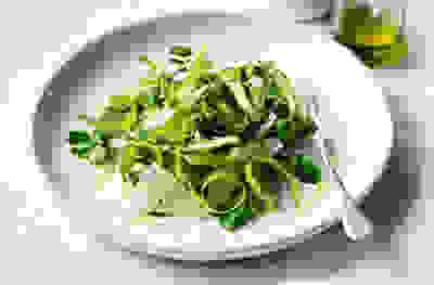 Raw asparagus, pea shoot and pecorino salad