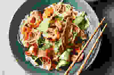 Ribboned veg, noodles & chilli prawn salad with tahini coriander dressing