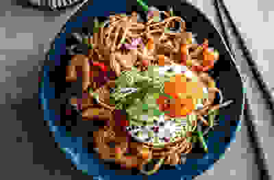 Rice noodles with prawns, dark soy sauce & sesame fried egg