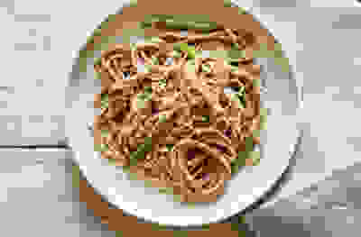 Roast asparagus pasta with yogurt and black garlic