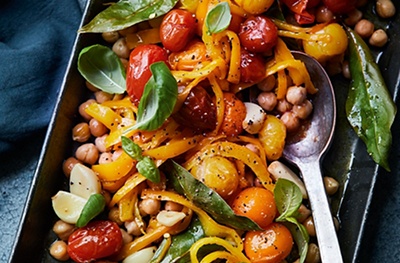 Roast baby tomatoes & chickpeas with bay and garlic
